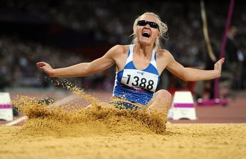 Ukraine's Iulia Korunchak competes in the women's long jump final at the  London Paralympic Games