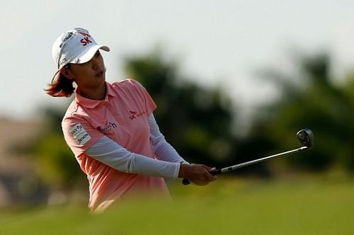 Na Yeon Choi of South Korea hits her approach shot on the 16th hole