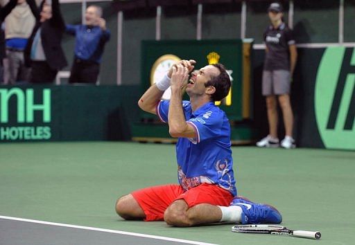 Radek Stepanek of Czech Republic celebrates after defeating Spanish Nicolas Almagro