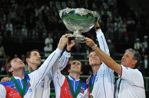 Czech Republic's Davis Cup Team pose with the trophy