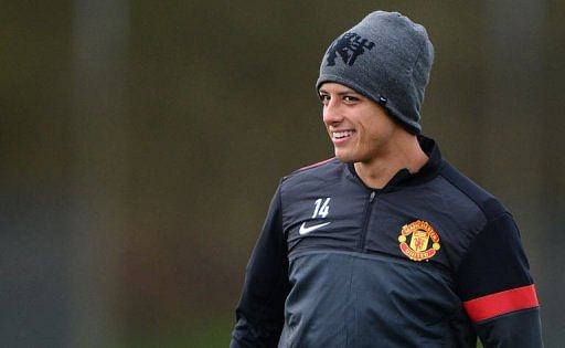 Manchester United&#039;s Javier Hernandez attends a training session at the Carrington training complex