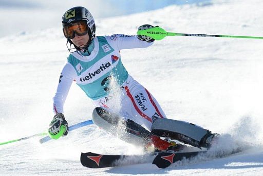 Kathrin Zettel of Austria clears a gate during the first run of the women&#039;s World Cup slalom