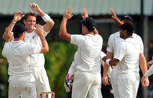 Tim Southee (2nd left) removed Sri Lanka openers Tharanga Paranavitana and Tillakaratne Dilshan