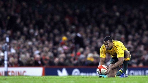 Australia&#039;s fly half Kurtley Beale lines up a penalty kick