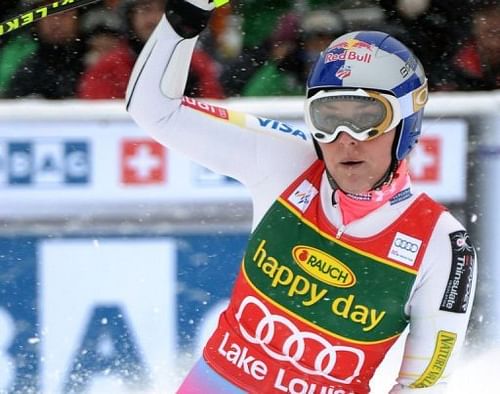 Lindsey Vonn of the US celebrates her victory in the women's alpine World Cup super-G