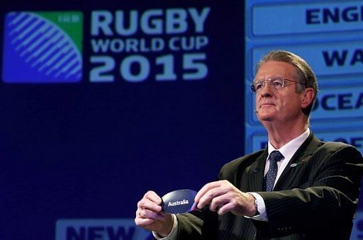 Bernard Lapasset, Chairman of the IRB, draws Australia during the IRB Rugby World Cup 2015 pool allocation draw