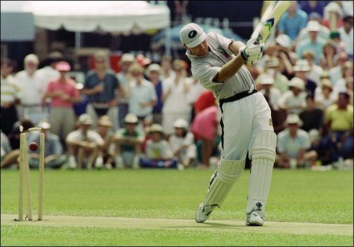 Martin Crowe is bowled for a duck at the Hong Kong International Cricket Sixes on October 4, 1992