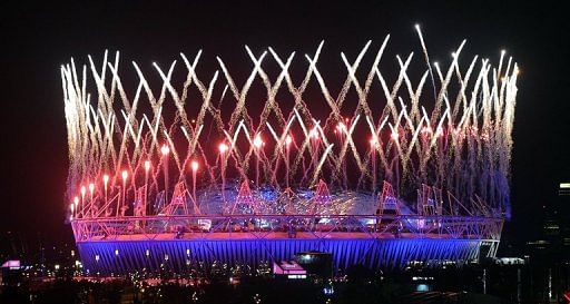 Fireworks light up the Olympic Stadium during the opening ceremony of the London Olympic Games on July 28, 2012.