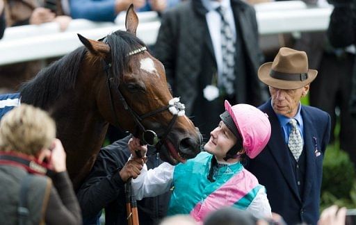 Tom Queally peers up at Frankel following the Champion Stakes at Ascot on October 20, 2012