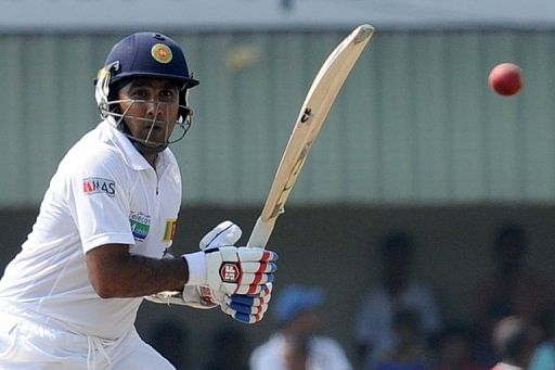 Mahela Jayawardene plays a shot during the opening Test against New Zealand on November 18, 2012 in Sri Lanka