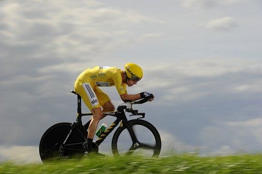 Bradley Wiggins rides in the 19th stage of the 2012 Tour de France from Bonneval on July 21, 2012