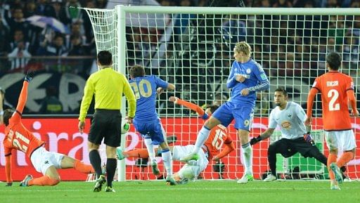 Juan Mata (in number 10 shirt) scores for Chelsea in a Club World Cup semi-final in Yokohama on December 13, 2012.