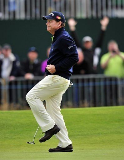 Tom Watson celebrates after making a birdie in the British Open at Royal Lytham and St Annes on July 20, 2012
