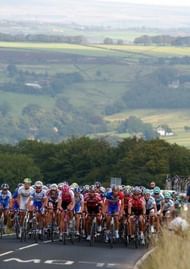 England's Tom Southam (centre) leads the pack in the Tour of Britain at Oxenhope, South Yorkshire, on September 2, 2004