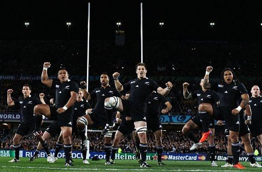 The New Zealand All Blacks perform the Haka, Eden Park Stadium in Auckland, on October 16, 2011