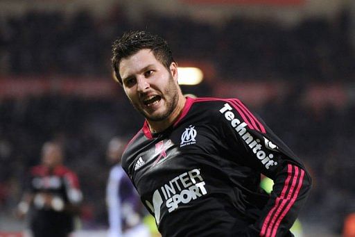 Marseille&#039;s forward Andre-Pierre Gignac celebrates after scoring in Toulouse on December 15, 2012