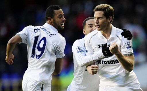 Jan Vertonghen celebrates scoring the opening goal against Swansea on December 16, 2012