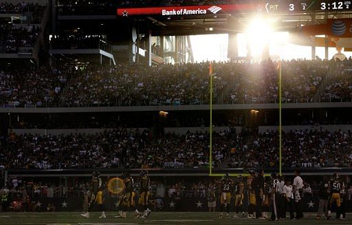 The Pittsburgh Steelers take to the field against the Dallas Cowboys at Cowboys Stadium on December 16, 2012
