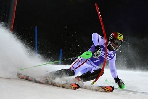 Austria's Marcel Hirscher competes during the Men's World Cup Slalom on December 18, 2012, in Madonna di Campiglio