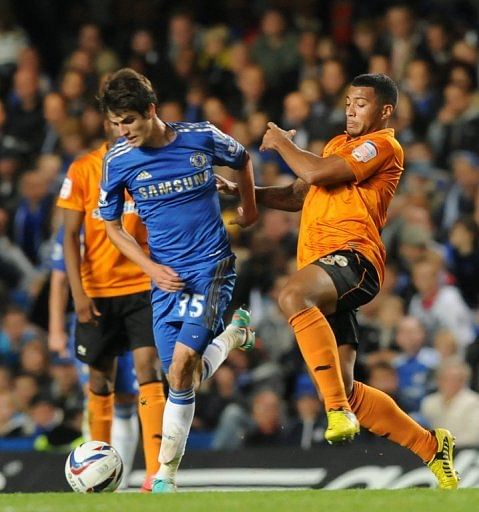 Lucas Piazon (L) in action for Chelsea against Wolves in the third round of the League Cup on September 25, 2012