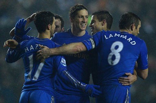 Chelsea&#039;s Fernando Torres (C) celebrates after scoring during the League Cup match against Leeds on December 19, 2012