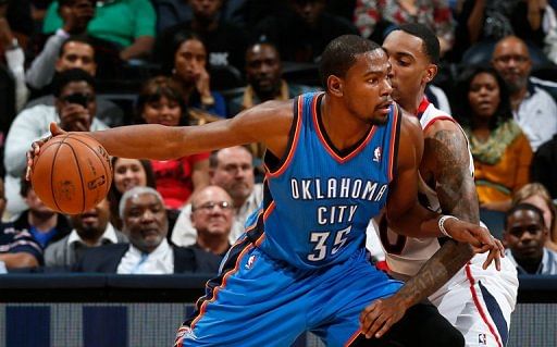 Kevin Durant (L) of the Oklahoma City Thunder during their game against the Atlanta Hawks on December 19, 2012