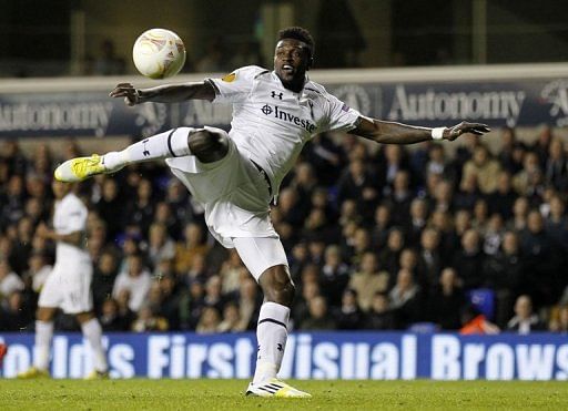 Emmanuel Adebayor takes a shot for Tottenham Hotspur against NK Maribor at White Hart Lane on November 8, 2012