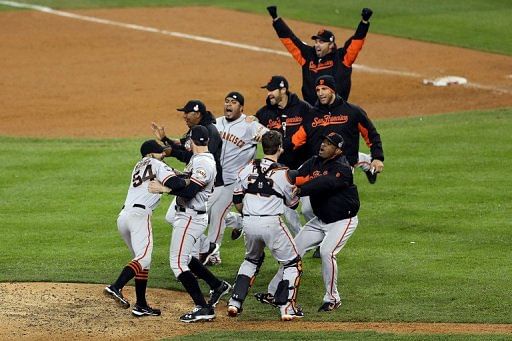 Sergio Romo of the Giants celebrates after striking out Miguel Cabrera of the Tigers on October 28, 2012