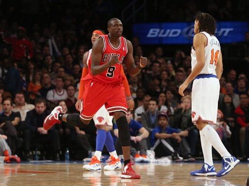 Luol Deng of the Chicago Bulls celebrates after hitting a shot against the New York Knicks on December 21, 2012