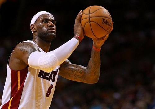 LeBron James of the Miami Heat shoots during a game against the Atlanta Hawks in Miami on December 10, 2012