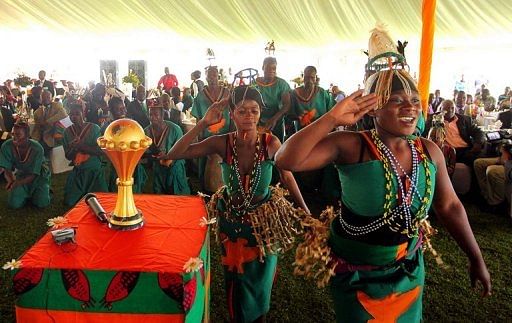 Dancers welcome home Zambia&#039;s national football team on February 14, 2012 in Lusaka