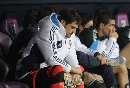 Real Madrid&#039;s Iker Casillas reacts during the match Malaga vs Real Madrid at the Rosaleda stadium on December 22, 2012