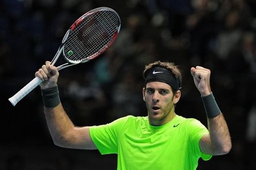 Argentina's Juan Martin Del Potro reacts at the ATP World Tour Finals tennis tournament in London on November 11, 2012