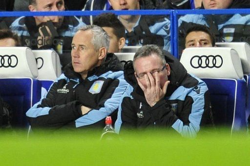 Aston Villa&#039;s manager Paul Lambert (R) reacts during match against Chelsea in London, on December 23, 2012