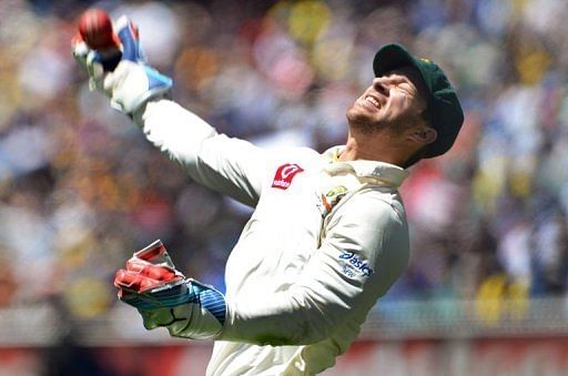 Australian wicketkeeper Matthew Wade celebrates on the first day of the second Test in Melbourne on December 26, 2012