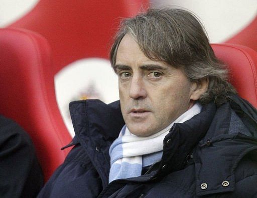 Manchester City manager Roberto Mancini takes his seat at The Stadium of Light in Sunderland on December 26, 2012