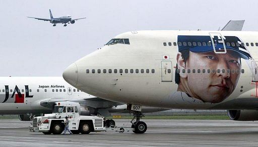 &#039;Matsui Jet&#039;, a JAL passenger jet, bearing the face of Hideki Matsui, pictured in Tokyo, on June 24, 2003