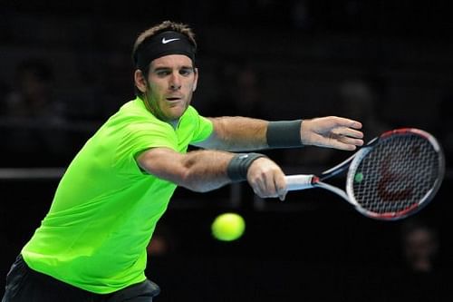 Juan Martin Del Potro reaches for a return at the ATP World Tour Finals tennis tournament in London on November 11, 2012