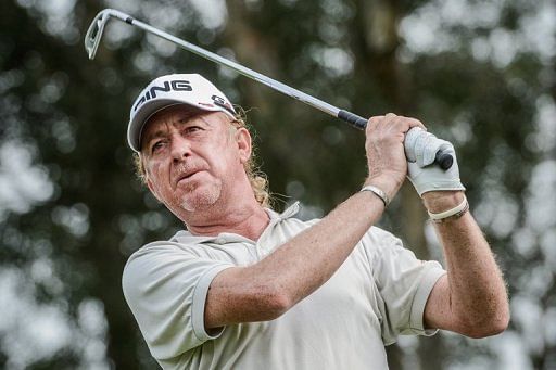 Miguel Angel Jimenez tees off during the Hong Kong Open on November 15, 2012