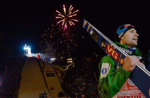 Anders Jacobsen celebrates at the Four-Hills-Tournament (Vierschanzentournee) on December 30, 2012 in Oberstdorf