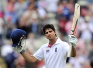 England's Alastair Cook celebrates his