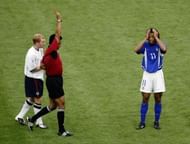SHIZUOKA - JUNE 21: Ronaldinho of Brazil is sent off during the FIFA World Cup Finals 2002 Quarter Finals match between England and Brazil played at the Shizuoka Stadium Ecopa, in Shizuoka, Japan on June 21, 2002. Brazil won the match 2-1. DIGITAL IMAGE. (Photo by Laurence Griffiths/Getty Images)