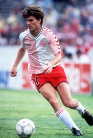 1986 World Cup Finals, Neza, Mexico, 4th June, 1986, Denmark 1 v Scotland 0, Denmark's Michael Laudrup on the ball