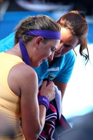 MELBOURNE, AUSTRALIA - JANUARY 24: Victoria Azarenka of Belarus receives medical attention in her Semifinal match against Sloane Stephens