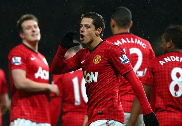 MANCHESTER, ENGLAND - JANUARY 26:  Javier Hernandez of Manchester United celebrates scoring his team&#039;s third goal during the FA Cup with Budweiser Fourth Round match between Manchester United and Fulham at Old Trafford 
