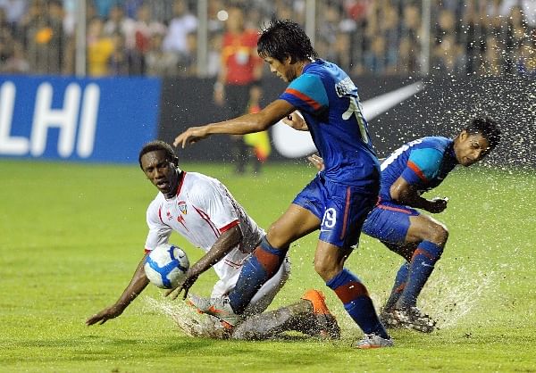 Action from India&#039;s 2-2 draw with UAE in July 2011