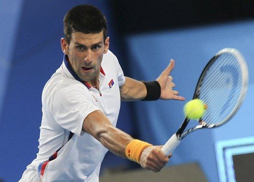 Novak Djokovic plays Andreas Seppi on day three of the Hopman Cup tennis tournament in Perth on December 31, 2012