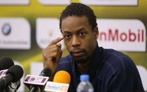 Gael Monfils attends a press conference on the first day of the 2013 ATP Qatar Open in Doha on December 31, 2012