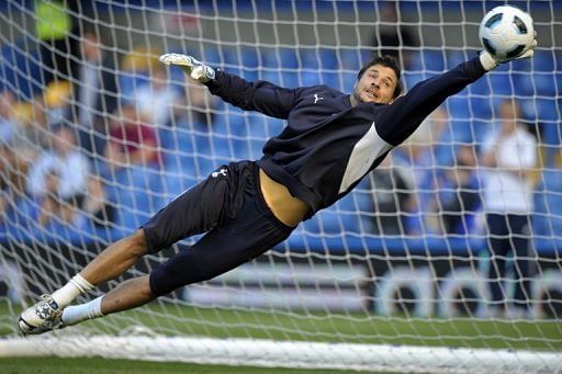 Tottenham goalkeeper Carlo Cudicini makes a save at Stamford Bridge in London on April 30, 2011
