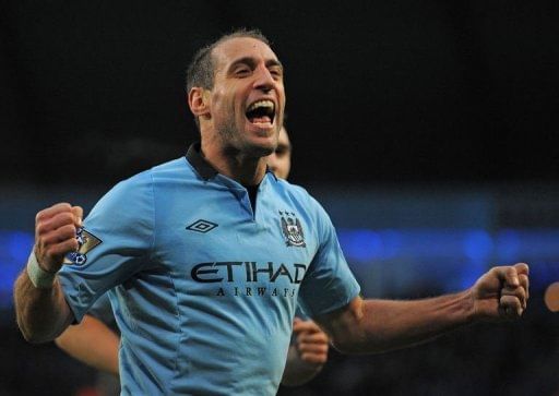 Pablo Zabaleta celebrates scoring the opening goal in the 3-0 home win over Stoke City on January 1, 2013